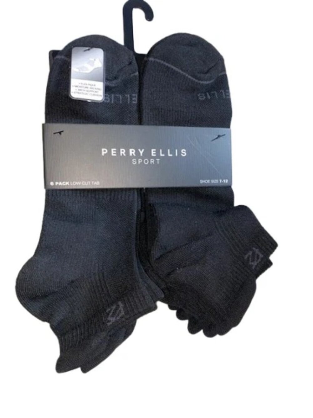 Perry Ellis Sport 6 Pair Men's Black Low Cut Tab Socks, Shoe Size 7-12